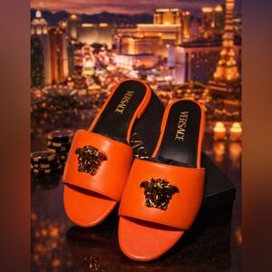 Versace Bold Orange Slide Sandals with Gold Medusa NEW IN BOX